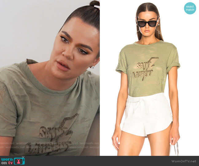 Saint Laurent Lightning Bolt Logo Graphic Tee worn by Khloe Kardashian on Keeping Up with the Kardashians