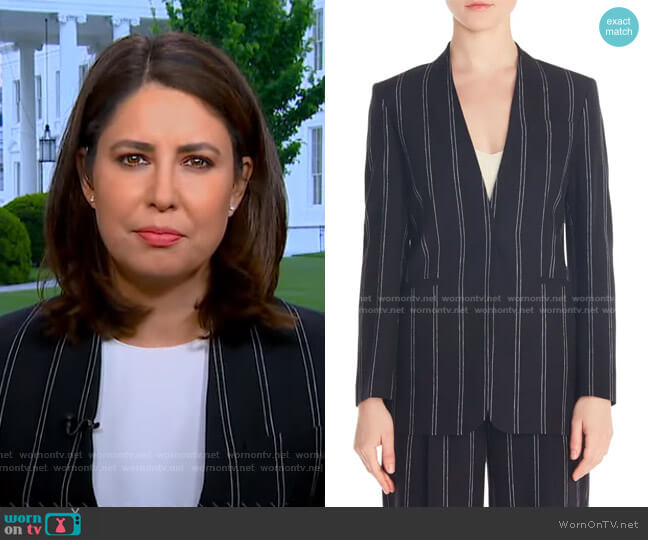 Sandro Natanielle Stripe Collarless Linen Blend Blazer worn by Cecilia Vega on Good Morning America