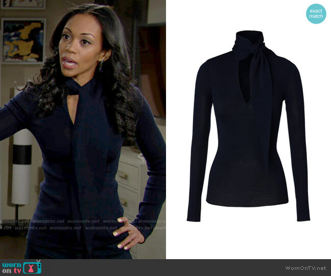 Scanlan Theodore Babywool Cravat Sweater in Navy worn by Amanda Sinclair (Mishael Morgan) on The Young and the Restless