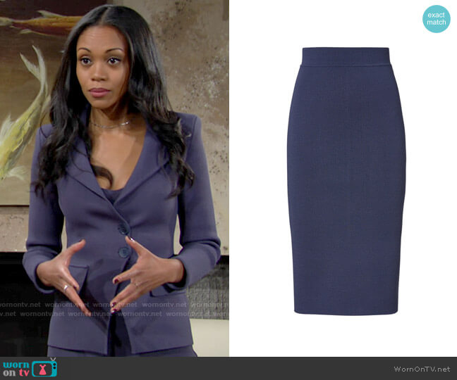 Scanlan Theodore Crepe Knit Slit Back Skirt in Slate worn by Amanda Sinclair (Mishael Morgan) on The Young and the Restless
