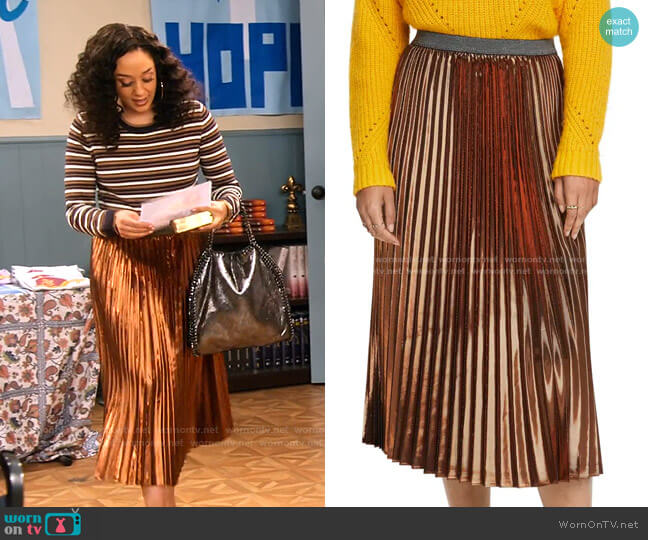 Scotch & Soda Metallic Pleated Midi Skirt worn by Cocoa McKellan (Tia Mowry-Hardrict) on Family Reunion