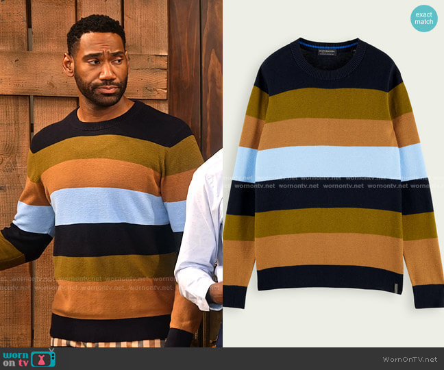 Scotch & Soda Striped Crewneck Sweater worn by Moz McKellan (Anthony Alabi) on Family Reunion