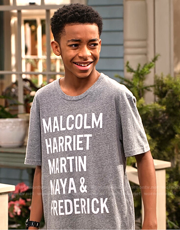 Shaka’s grey Malcolm Harriet Martin Maya & Frederic print tee on Family Reunion