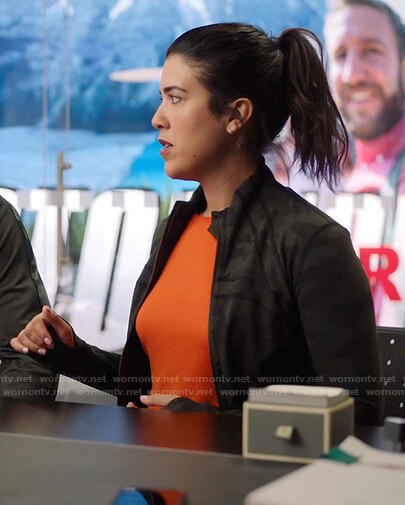 Shannon’s green camo zip front jacket on Kims Convenience