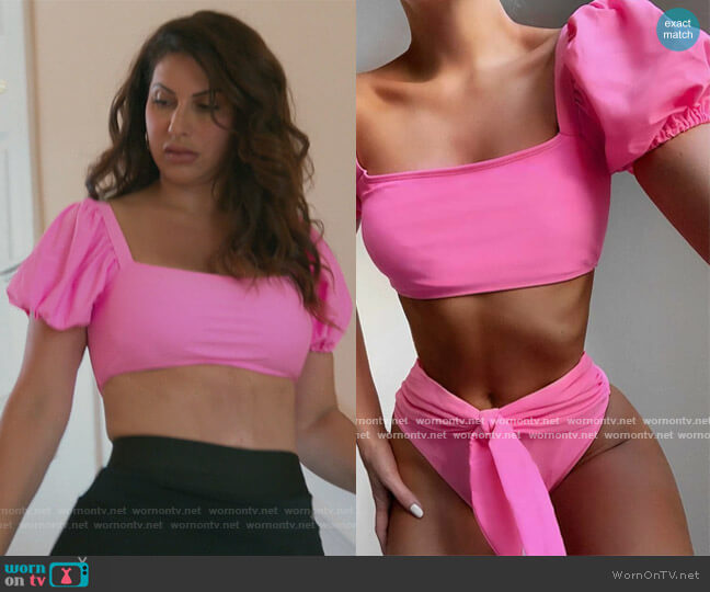 Shein Puff Sleeve Tie Front Tee Bikini Swimsuit worn by Jennifer Aydin on The Real Housewives of New Jersey