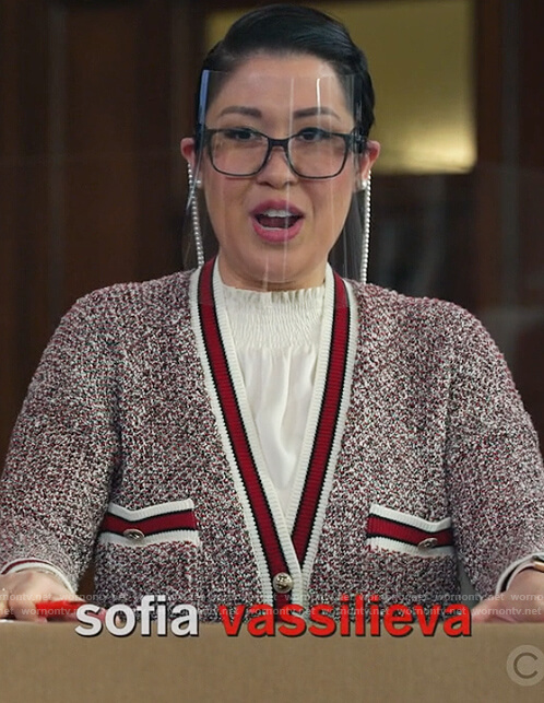 Sheri’s red tweed cardigan on All Rise