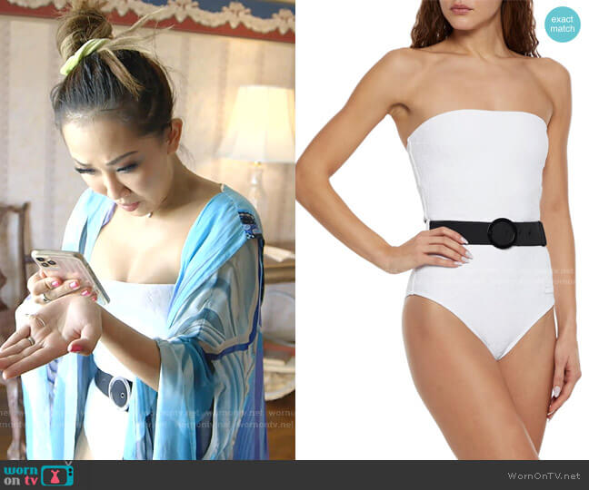 Solid & Striped The Madeline Belted Bandeau Swimsuit worn by Tiffany Moon on The Real Housewives of Dallas