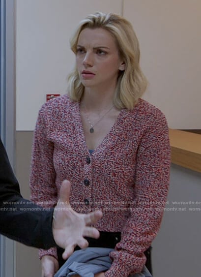 Sylvie’s red marled cardigan on Chicago Fire
