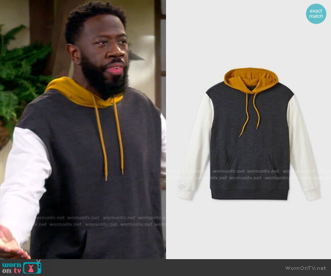 Original Use Colorblock Sweatshirt in Gold Rush worn by Malcom (Sheaun McKinney) on The Neighborhood