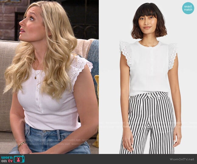 Who What Wear Eyelet Ruffle Sleeve Tank Top worn by Gemma (Beth Behrs) on The Neighborhood