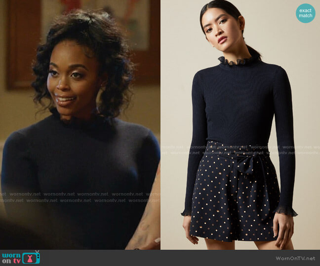 Ted Baker Dvana Ruffle Neck Sweater worn by Anissa Pierce (Nafessa Williams) on Black Lightning