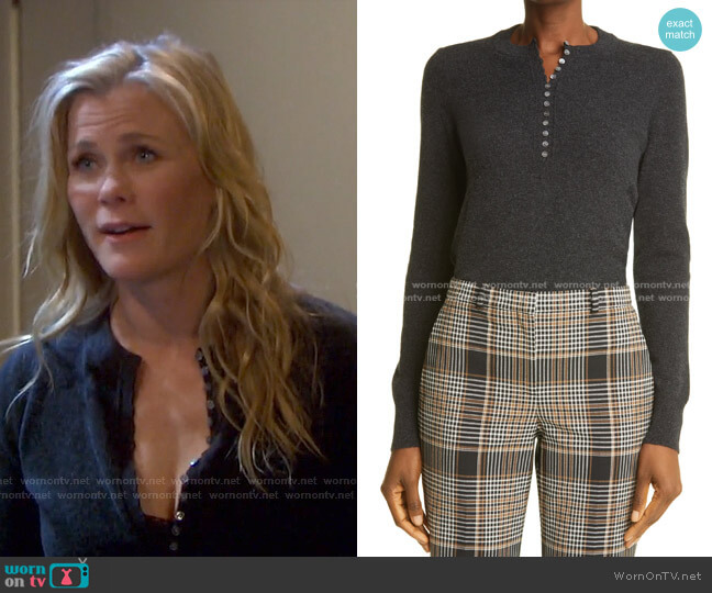 Theory Cashmere Henley Sweater in Deep Charcoal worn by Sami Brady (Alison Sweeney) on Days of our Lives
