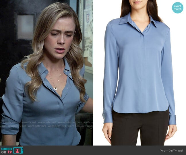 Theory Classic Fitted Shirt in Cornflower worn by Michaela Stone (Melissa Roxburgh) on Manifest