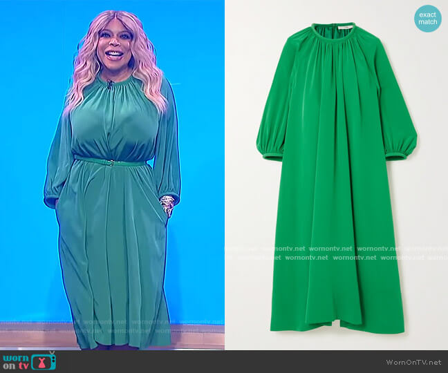 Tibi Gathered silk midi dress worn by Wendy Williams on The Wendy Williams Show