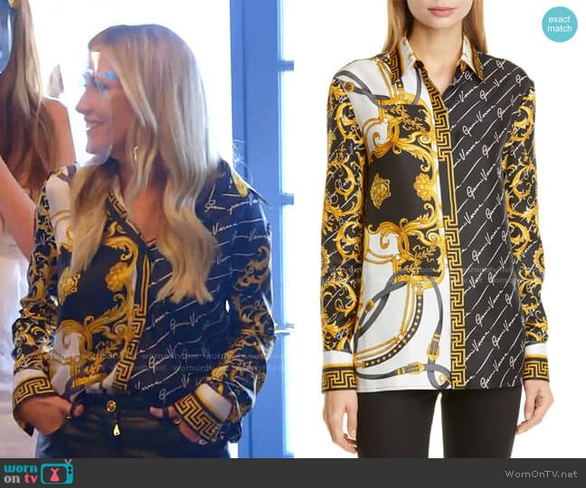 Versace Barocco Gianni Signature Print Silk Blouse worn by Stephanie Hollman on The Real Housewives of Dallas