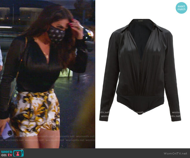 Versace V-neck silk-satin bodysuit worn by Jennifer Aydin on The Real Housewives of New Jersey