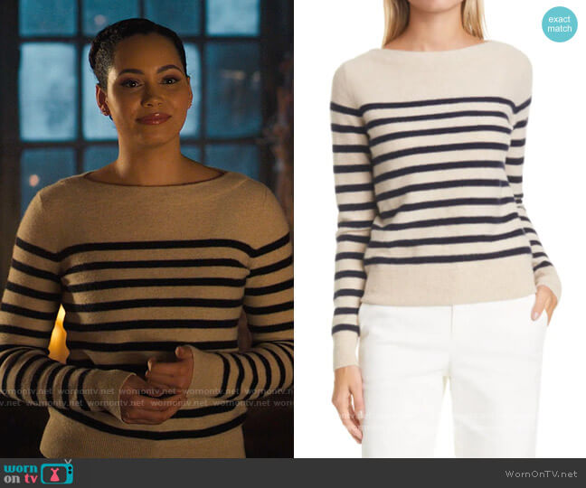 Vince Breton Boat Neck Stripe Cashmere Sweater in Almond Coastal worn by Macy Vaughn (Madeleine Mantock) on Charmed