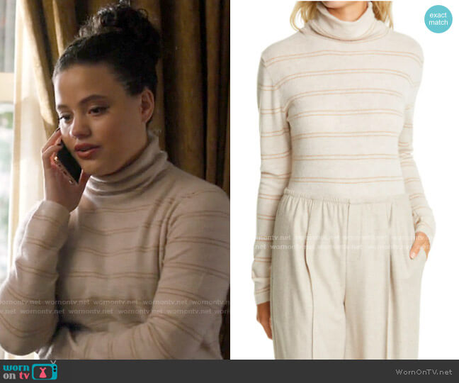 Vince Stripe Fitted Cashmere Turtleneck Sweater worn by Maggie Vera (Sarah Jeffery) on Charmed