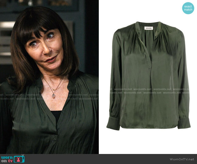 Zadig & Voltaire Slit-Neck Satin Blouse worn by Maggie Clarke (Mary Steenburgen) on Zoeys Extraordinary Playlist