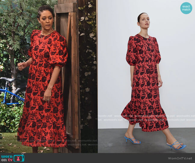 Zara Red Floral Puff Dress worn by Cocoa McKellan (Tia Mowry-Hardrict) on Family Reunion