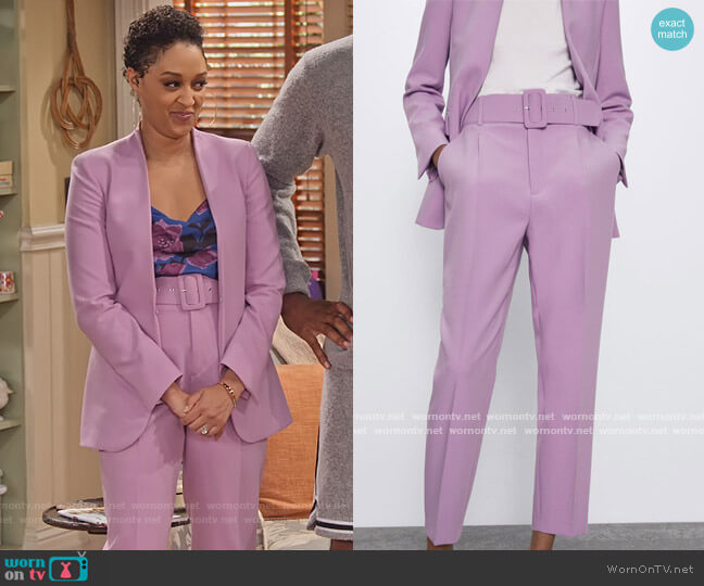 Zara Lavender Belted Pants worn by Cocoa McKellan (Tia Mowry-Hardrict) on Family Reunion