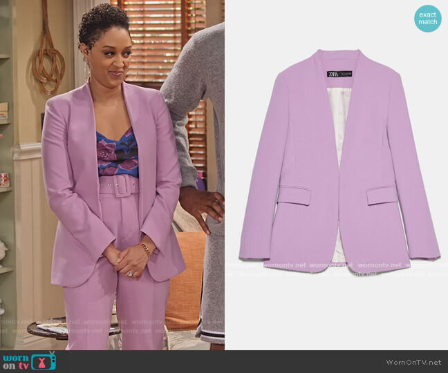 Zara Lavender V-Neck Blazer worn by Cocoa McKellan (Tia Mowry-Hardrict) on Family Reunion
