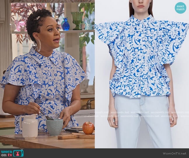 Zara Blue Floral Poplin Top worn by Cocoa McKellan (Tia Mowry-Hardrict) on Family Reunion