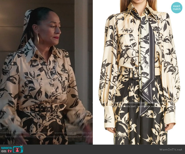 Zimmermann Ladybeetle Eye Print Tie Neck Silk Shirt worn by Rainbow Johnson (Tracee Ellis Ross) on Black-ish