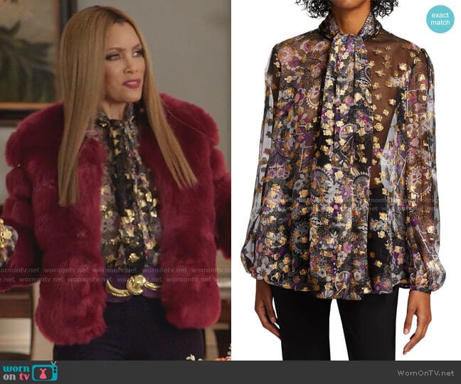 Alexander McQueen Silk Scarf-Tie Blouse worn by Dominique Deveraux (Michael Michele) on Dynasty