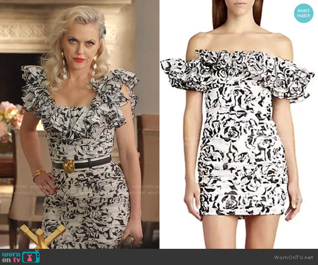 Alexandre Vauthier Graphic Floral Cotton Voile Off-The-Shoulder Mini Dress worn by Alexis Carrington (Elaine Hendrix) on Dynasty