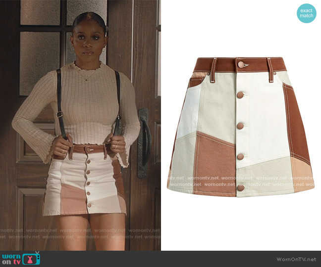 Alice + Olivia Good High-Rise Patchwork Mini Skirt worn by Simone Hicks (Geffri Maya) on All American