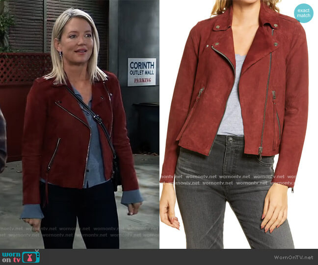 All Saints Dalby Redge Suede Moto Jacket worn by Nina Reeves (Cynthia Watros) on General Hospital