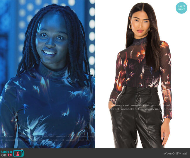 All Saints Flames Elia Bodysuit worn by Jennifer Pierce (Laura Kariuki) on Black Lightning