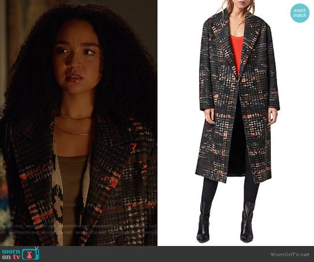 All Saints Lottie Camo Plaid Coat worn by Kat Edison (Aisha Dee) on The Bold Type