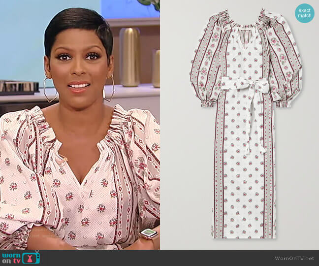 Anna Mason Bardot belted floral-print cotton midi dress worn by Tamron Hall on Tamron Hall Show