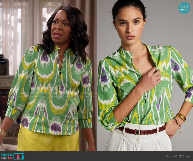 Anthropologie Sharona Henley Blouse worn by Tina Butler (Tichina Arnold) on The Neighborhood