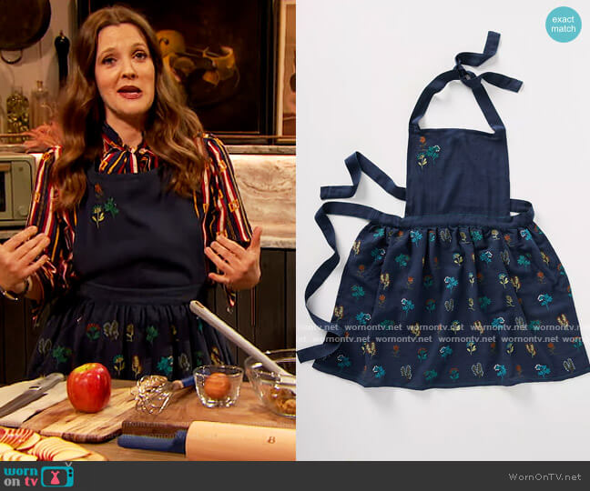 Anthropologie Stacia Embroidered Indigo Apron worn by Drew Barrymore on The Drew Barrymore Show