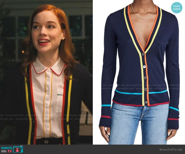Autumn Cashmere Multi Color Banded V Neck Cashmere Cardigan worn by Zoey Clarke (Jane Levy) on Zoeys Extraordinary Playlist