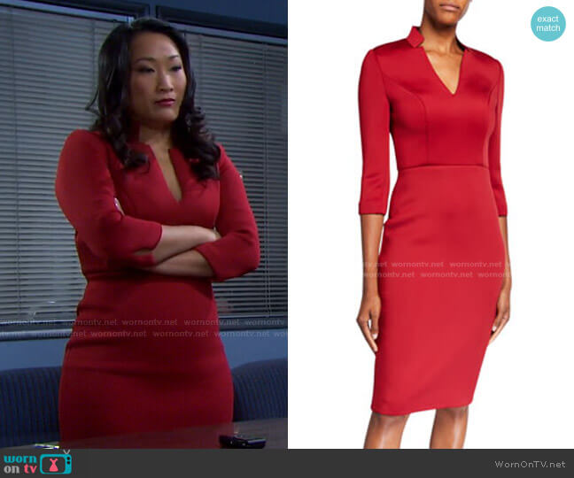Badgley Mischka V-Neck 3/4-Sleeve Solid Scuba Dress worn by Melinda Trask (Tina Huang) on Days of our Lives
