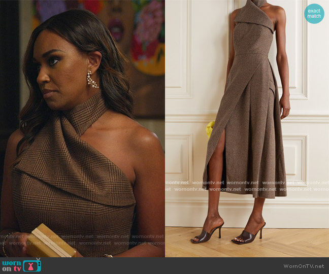 Brandon Maxwell Draped checked wool halterneck midi dress worn by Rachel Audubon (Michelle Bathe) on All Rise