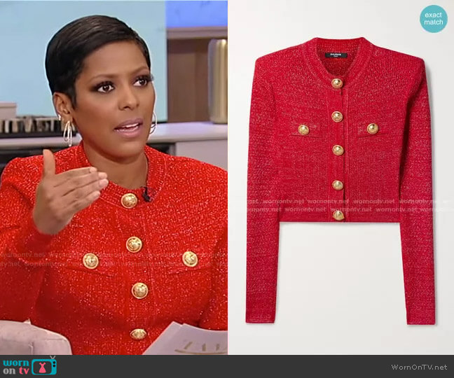 Balmain Button-Embellished Metallic Jacquard-Knit Cardigan worn by Tamron Hall on Tamron Hall Show
