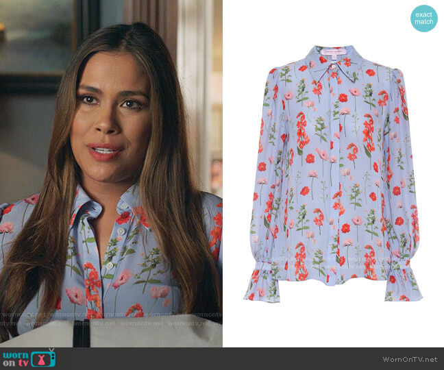 Carolina Herrera Floral Silk Blouse worn by Cristal Jennings (Daniella Alonso) on Dynasty