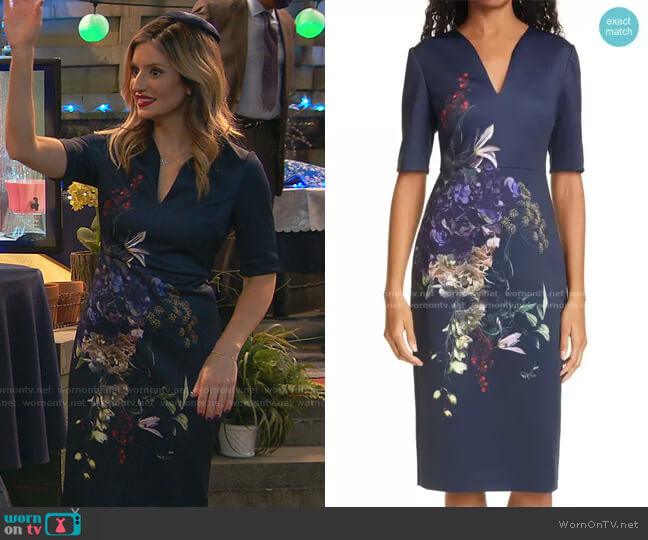 Ted Baker Carvir Floral Sheath Dress worn by Chelsea Grayson (Anneliese van der Pol) on Ravens Home