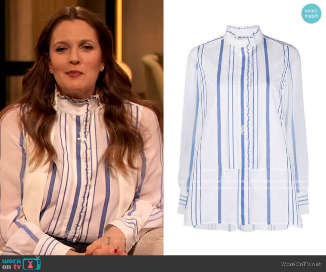 Chloe Striped Ruffle Trim Blouse worn by Drew Barrymore on The Drew Barrymore Show