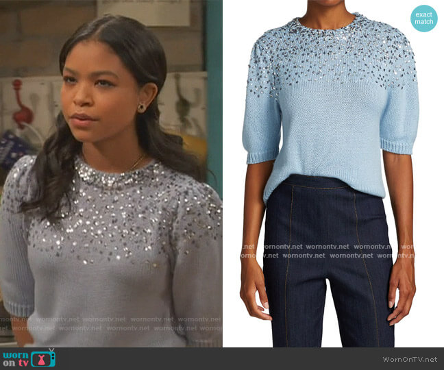 Cinq a Sept Lisa Embellished Wool-Blend Short Puff-Sleeve Sweater worn by Nia Baxter (Navia Robinson) on Ravens Home