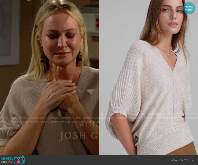 Club Monaco Quarter Sleeve V-Neck Sweater in Tan worn by Sharon Newman (Sharon Case) on The Young and the Restless