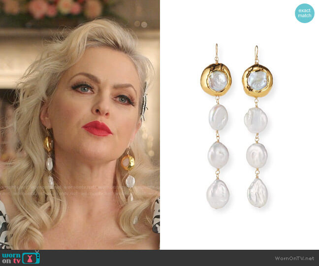 Devon Leigh Triple Pearl Drop Earrings worn by Alexis Carrington (Elaine Hendrix) on Dynasty