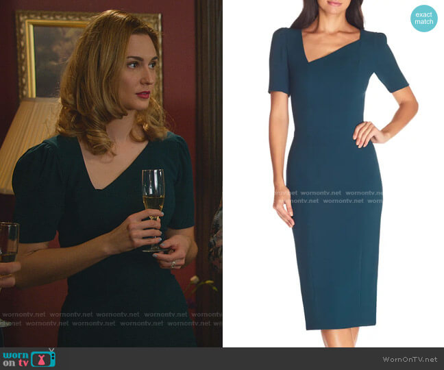 Dress the Population Ruth Asymmetrical Neck Midi Dress worn by Joy Harper (Katherine Barrell) on Good Witch