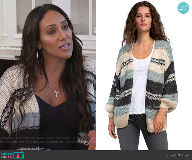 Elan Fuzzy Stripe Chunky Knit Oversized Cardigan Sweater worn by Melissa Gorga on The Real Housewives of New Jersey