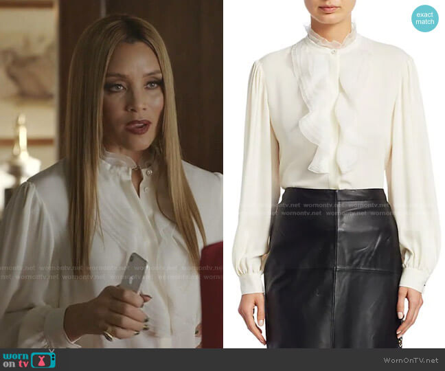 Escada Nati Chiffon Silk Ruffle Blouse worn by Dominique Deveraux (Michael Michele) on Dynasty